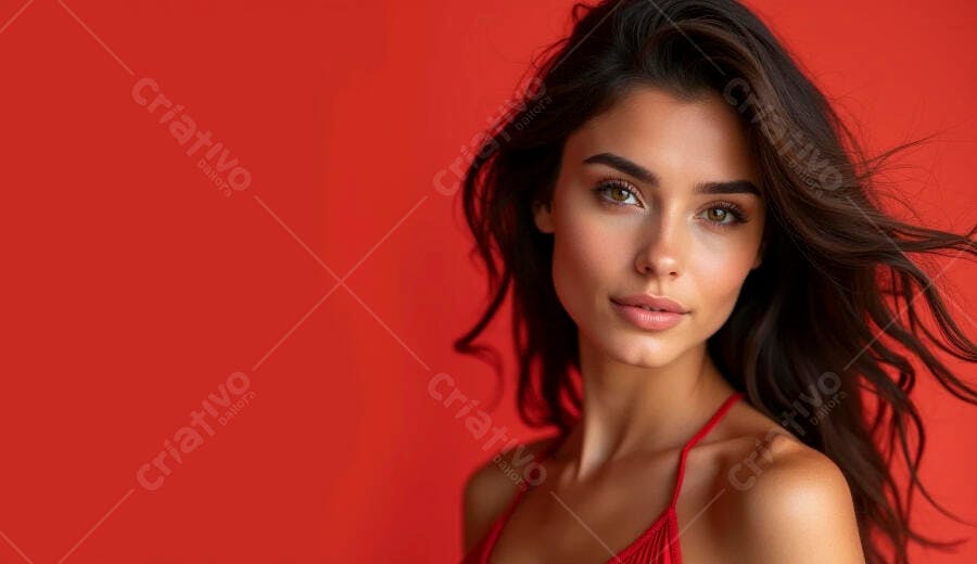 Mulher morena de olhos verdes com cabelo esvoaçante e vestido vermelho