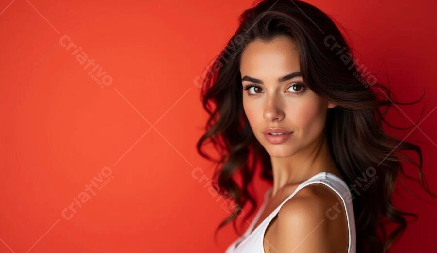 Mulher jovem com cabelos escuros e camiseta branca em fundo laranja avermelhado
