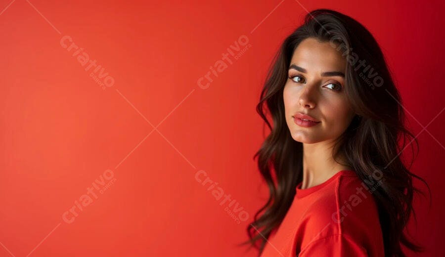 Mulher jovem morena de blusa vermelha e olhar confiante em fundo vermelho vibrante