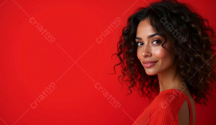 Mulher morena feliz cabelo cacheado sorrindo em fundo vermelho vibrante