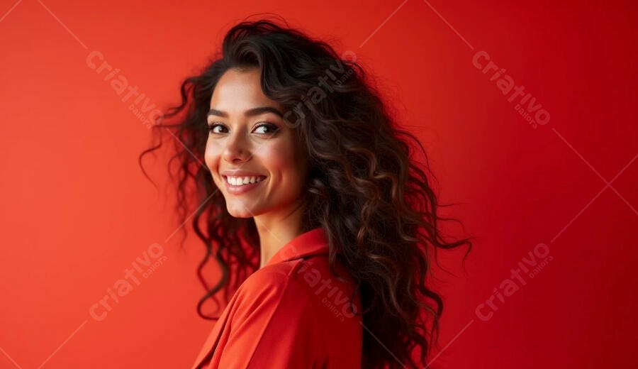 Mulher jovem latina sorrindo com cabelo cacheado em fundo vermelho vibrante