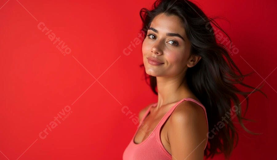 Mulher latina sorrindo com confiança em estúdio vermelho