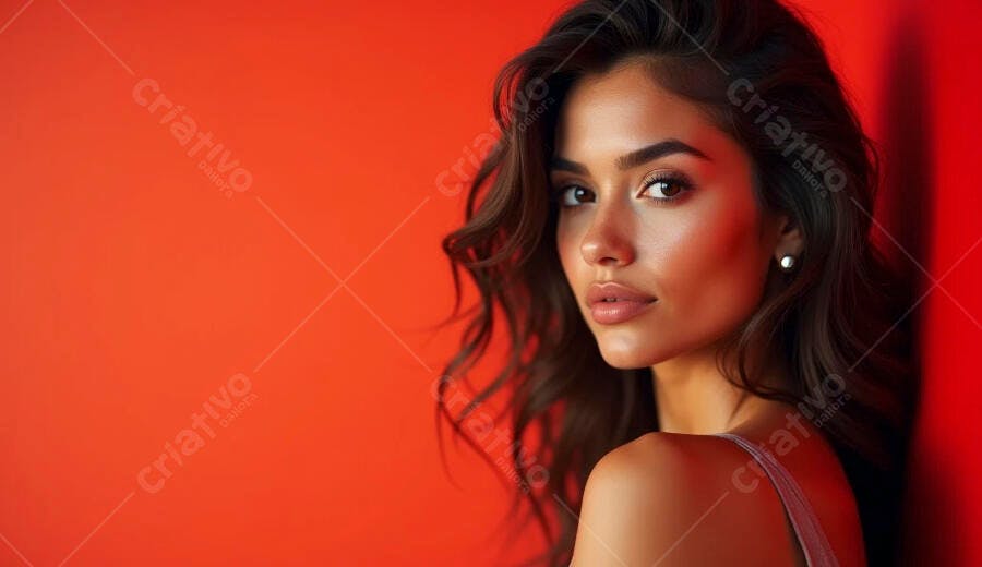 Mulher latina com cabelos escuros e pele oliva em fundo vermelho vibrante