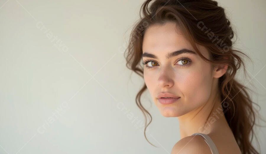 Mulher jovem caucasiana serena com cabelo castanho e olhos avelã olhando para trás