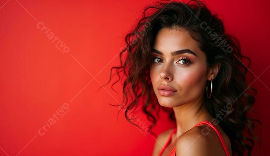 Mulher jovem morena com cabelo castanho encaracolado e brincos dourados em fundo vermelho vibrante
