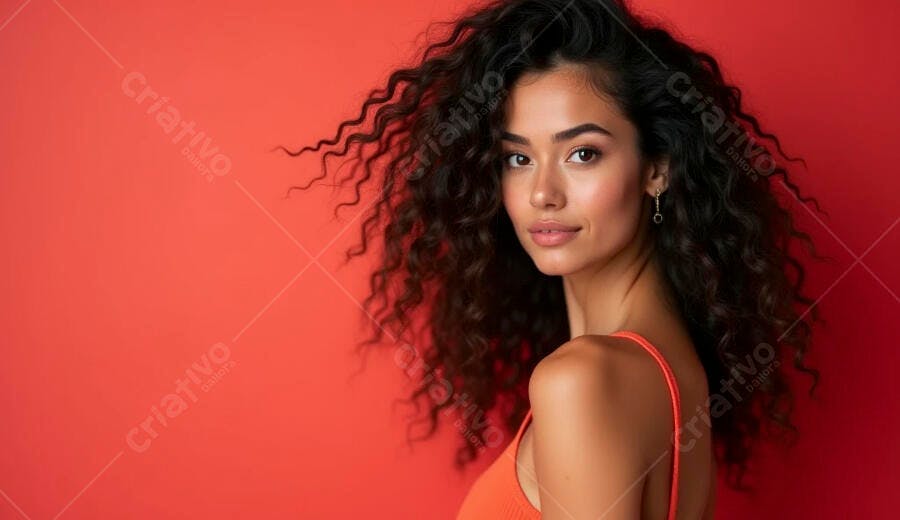 Mulher latina de cabelos cacheados sorrindo com blusa laranja em fundo vermelho