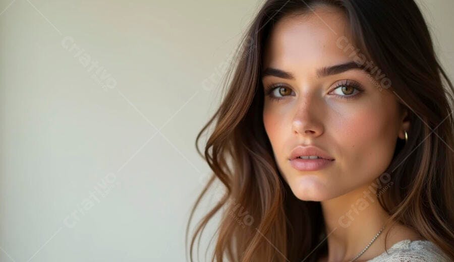 Retrato mulher caucasiana cabelos castanhos olhos avelã fundo claro