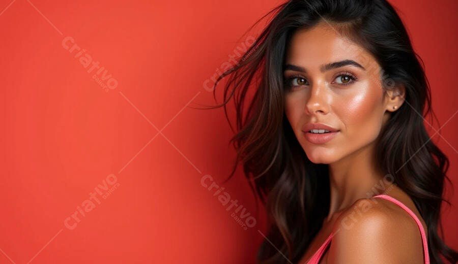 Mulher jovem de pele bronzeada e cabelos escuros posando contra fundo vermelho vibrante