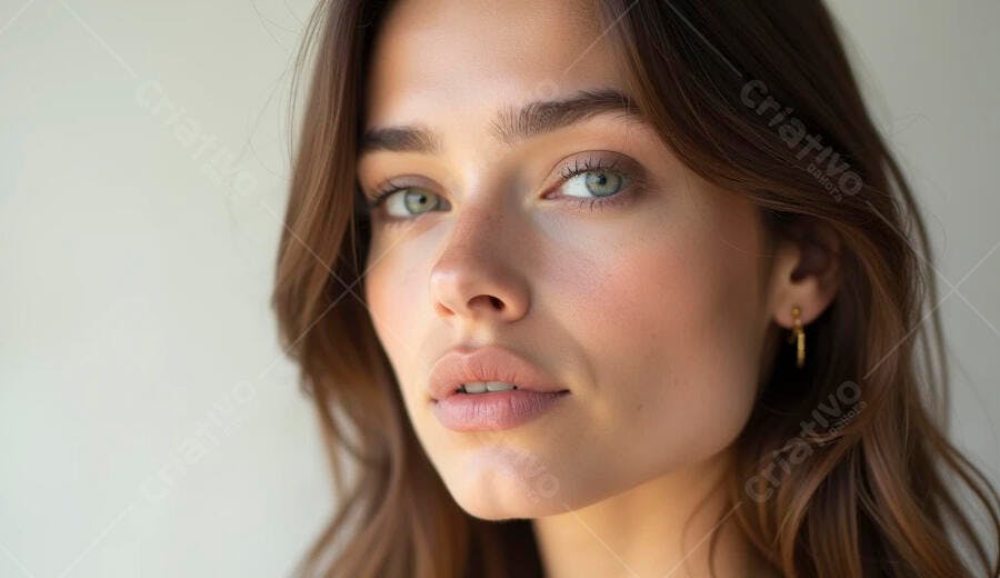 Mulher jovem com olhos verdes e cabelo castanho em retrato natural de beleza