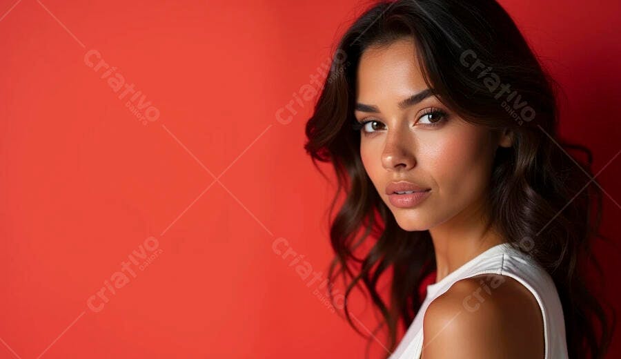 Mulher morena confiante com cabelo ondulado em fundo vermelho vibrante