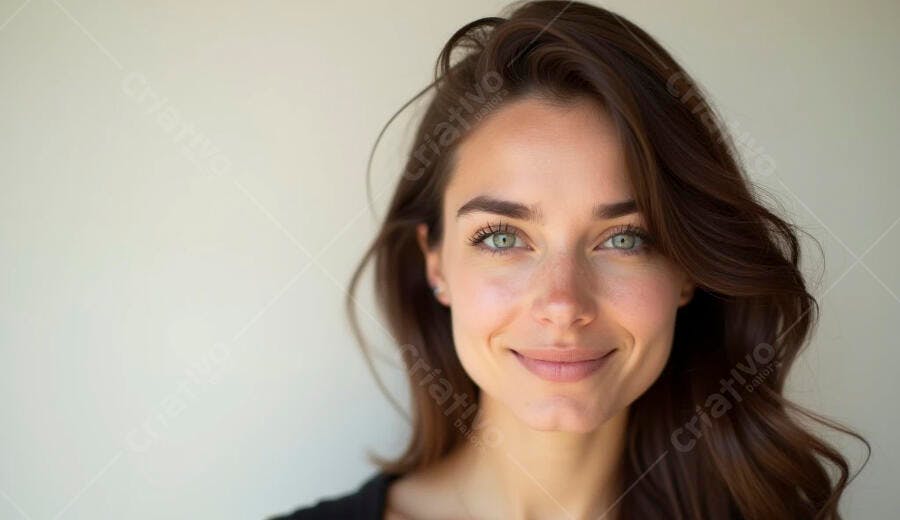 Mulher jovem cabelos castanhos olhos verdes sorrindo confiante em estúdio claro