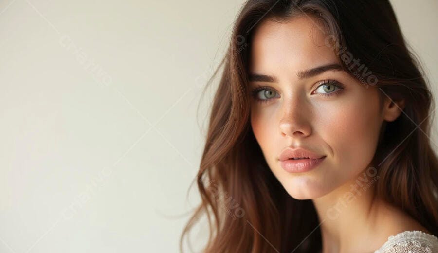 Mulher jovem sorrindo com olhos verdes e cabelo castanho em close-up iluminado