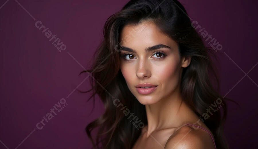 Mulher jovem com cabelo castanho escuro e olhar confiante em estúdio roxo