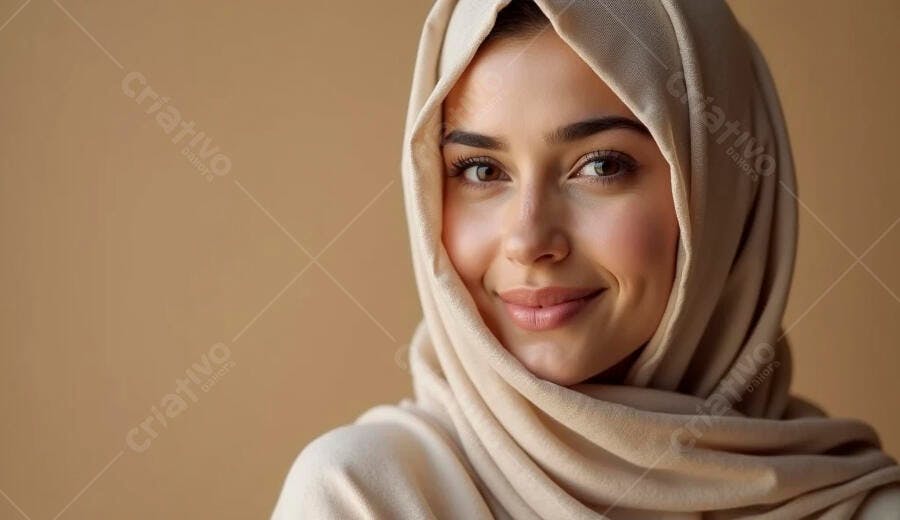 Mulher jovem muçulmana sorrindo com hijab bege em close-up