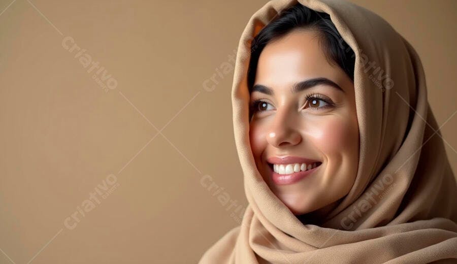 Mulher muçulmana jovem sorrindo com hijab bege em fundo neutro
