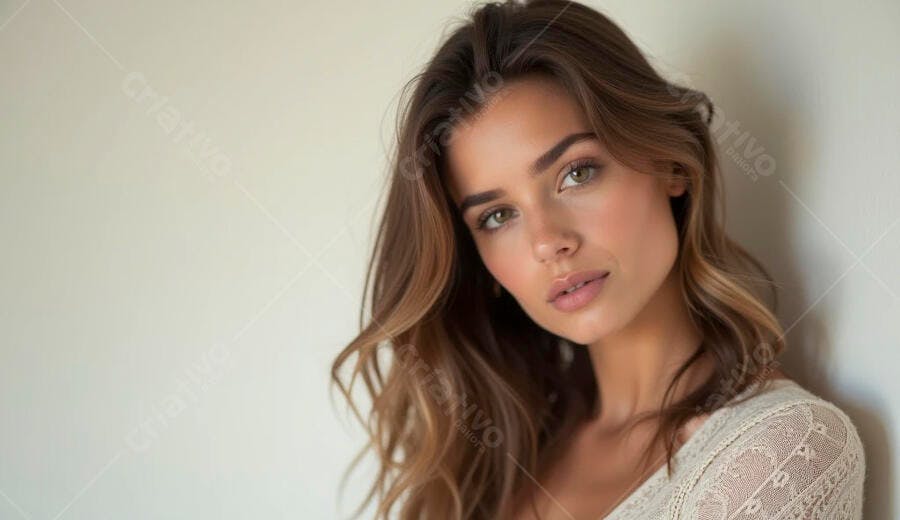 Mulher jovem com olhos verdes e cabelo castanho em retrato sereno