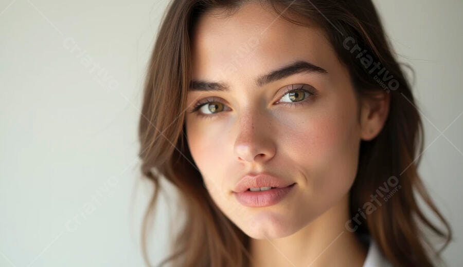 Mulher jovem caucasiana cabelo castanho olhos verdes sorrindo naturalmente