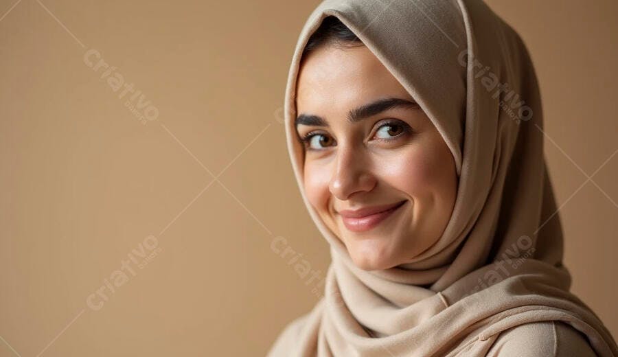 Mulher árabe sorridente com hijab bege em retrato de estúdio