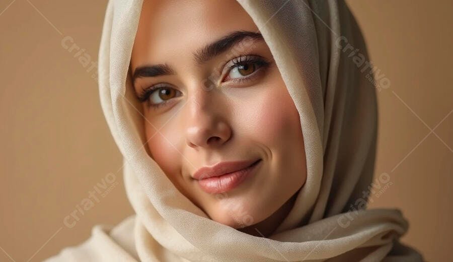 Mulher jovem do Oriente Médio com hijab creme sorrindo para a câmera