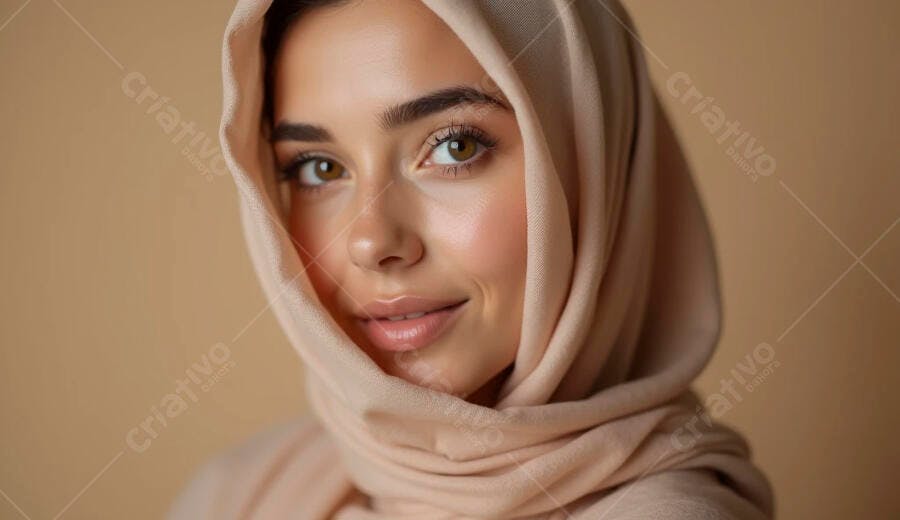 Mulher jovem sorrindo com hijab bege em retrato de estúdio