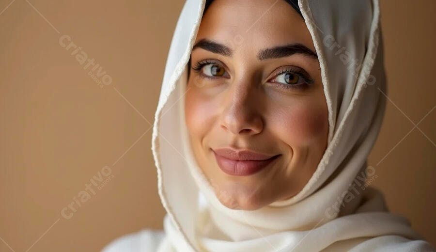 Mulher muçulmana jovem sorrindo com hijab branco em retrato