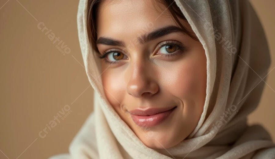 Mulher árabe jovem com hijab bege sorrindo em estúdio