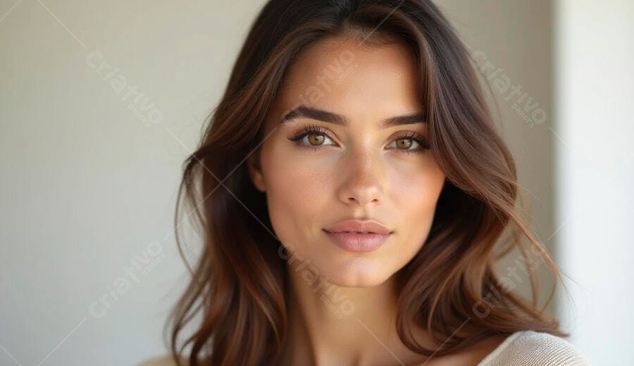 Mulher jovem cabelo castanho olhos avelã em retrato natural e sereno