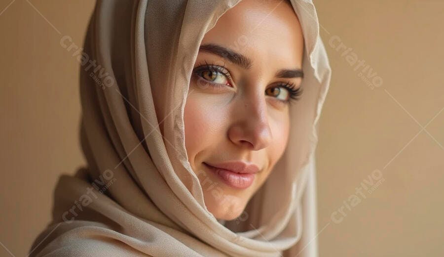 Mulher jovem muçulmana sorrindo com hijab bege claro em retrato de perto