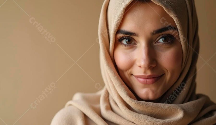 Mulher muçulmana jovem sorrindo com hijab bege em retrato de estúdio