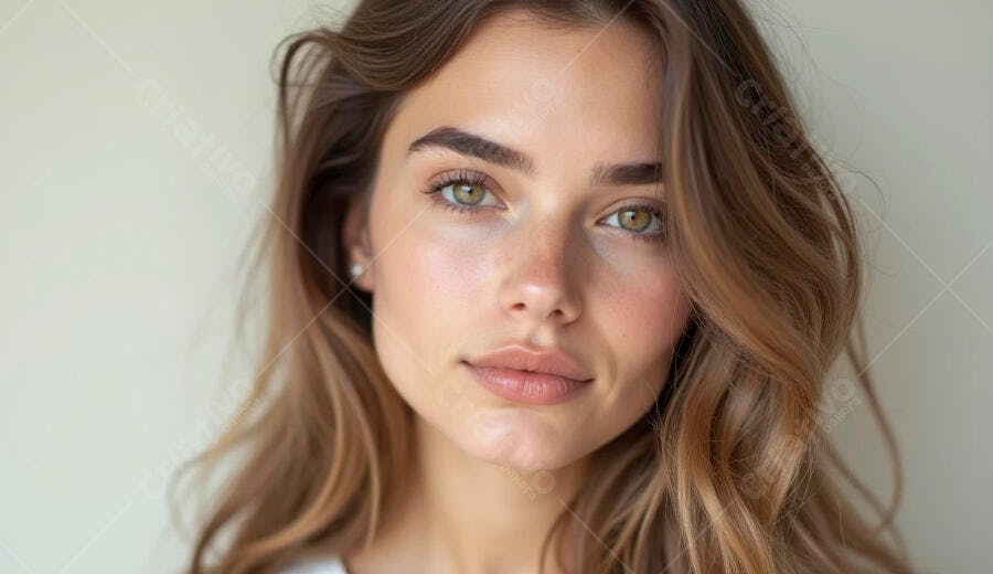 Mulher caucasiana com olhos verdes e cabelo castanho natural