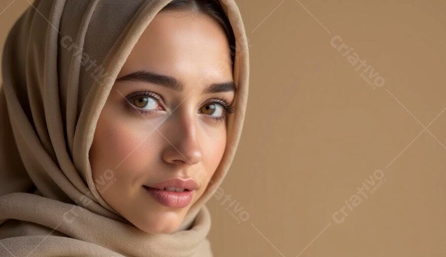 Mulher jovem muçulmana com hijab bege em retrato sereno e minimalista