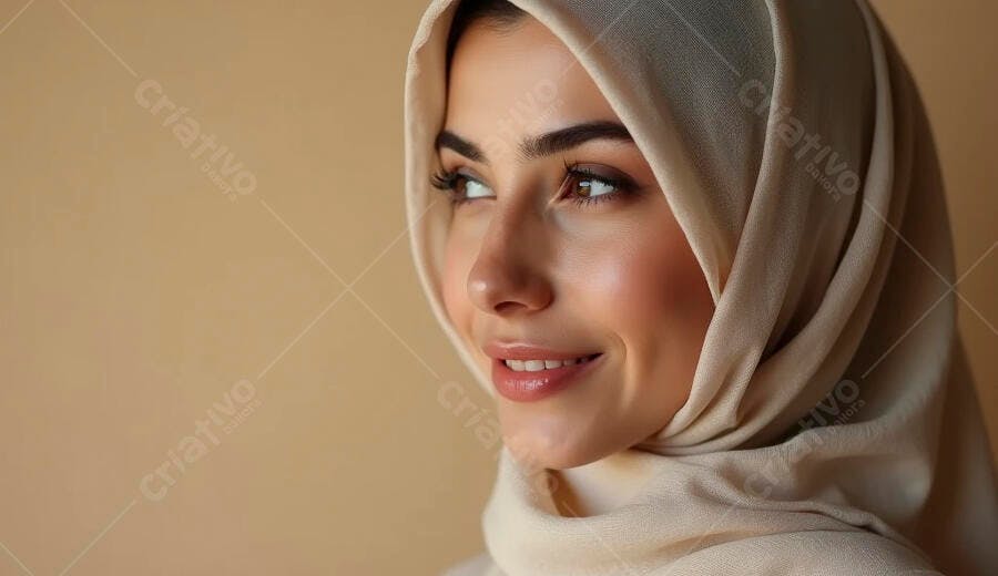 Mulher muçulmana jovem com hijab bege sorrindo e olhando para o lado
