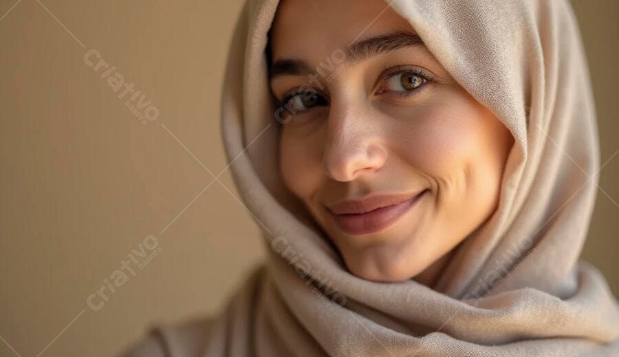 Mulher árabe sorrindo com hijab bege em retrato de perto