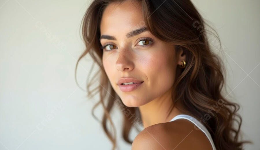 Mulher morena jovem sorrindo com pele luminosa em retrato natural
