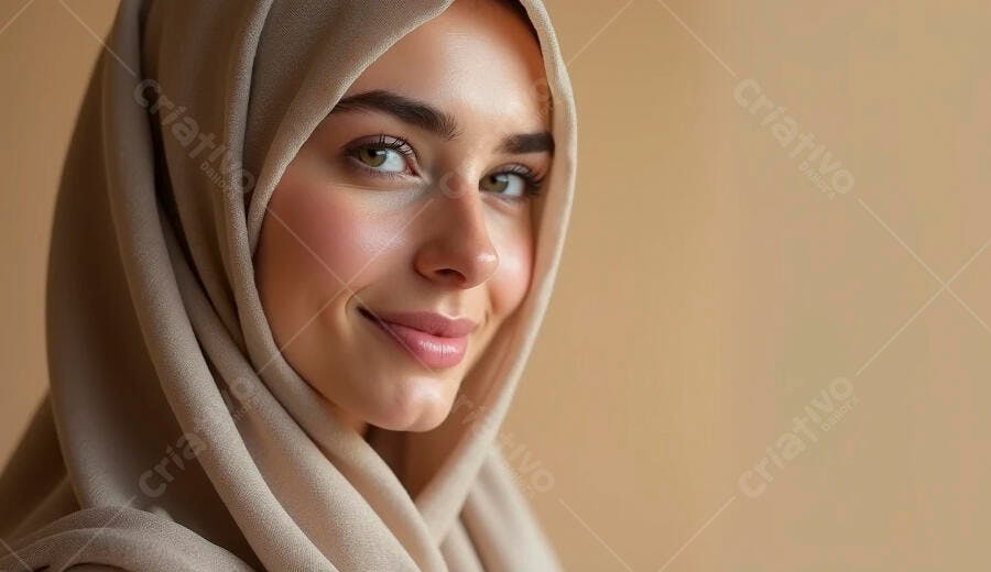 Mulher jovem muçulmana sorrindo com hijab bege claro