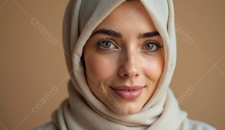 Mulher árabe jovem com hijab bege sorrindo em retrato de estúdio