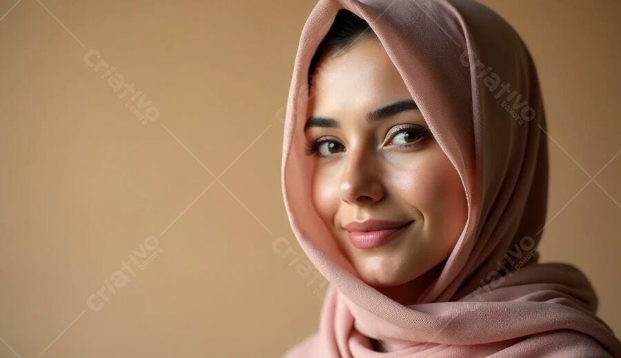 Mulher com hijab rosa sorrindo em fundo bege neutro