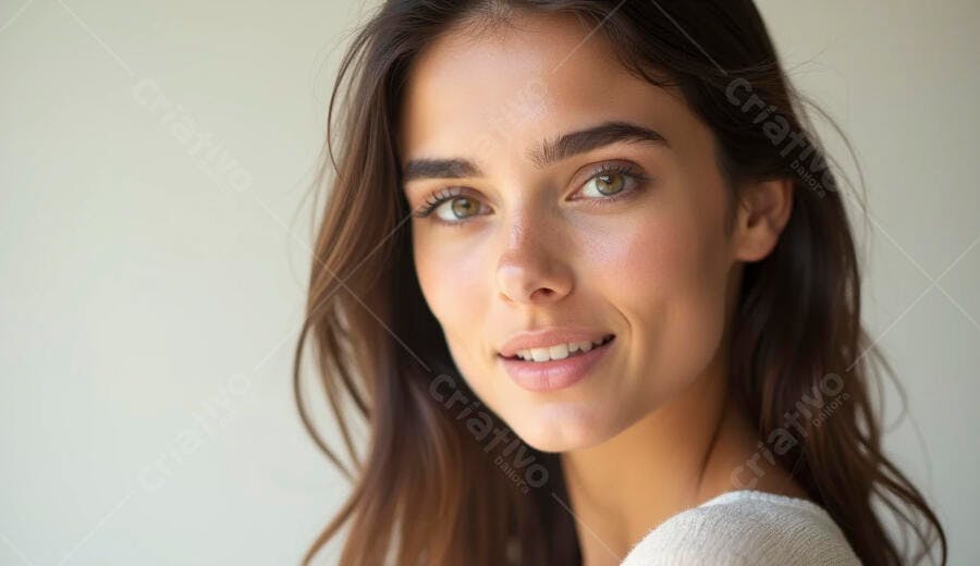 Mulher jovem sorrindo feliz olhos verdes cabelo castanho em retrato natural