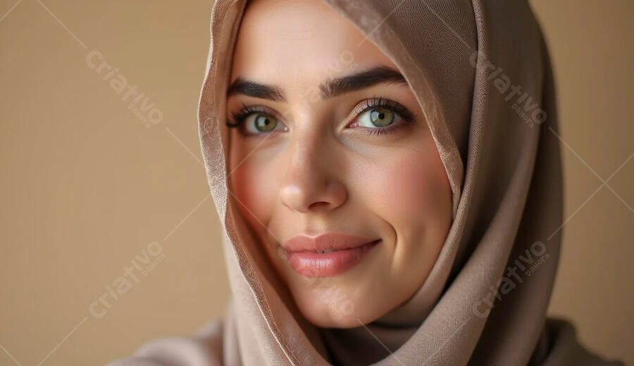 Mulher jovem muçulmana sorrindo com hijab bege e olhos verdes