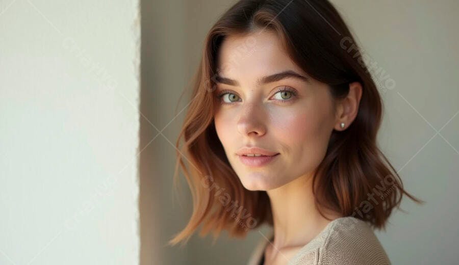 Mulher jovem sorrindo com olhos verdes e cabelo castanho claro em luz natural
