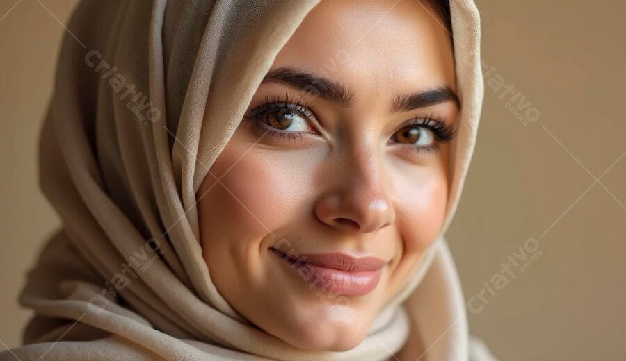 Mulher jovem muçulmana sorrindo com hijab bege claro