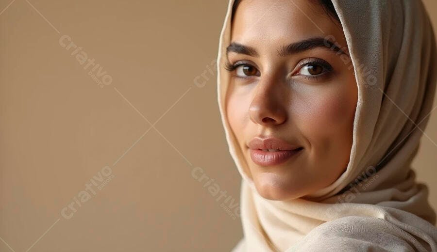 Mulher jovem muçulmana sorrindo com hijab bege claro em fundo neutro