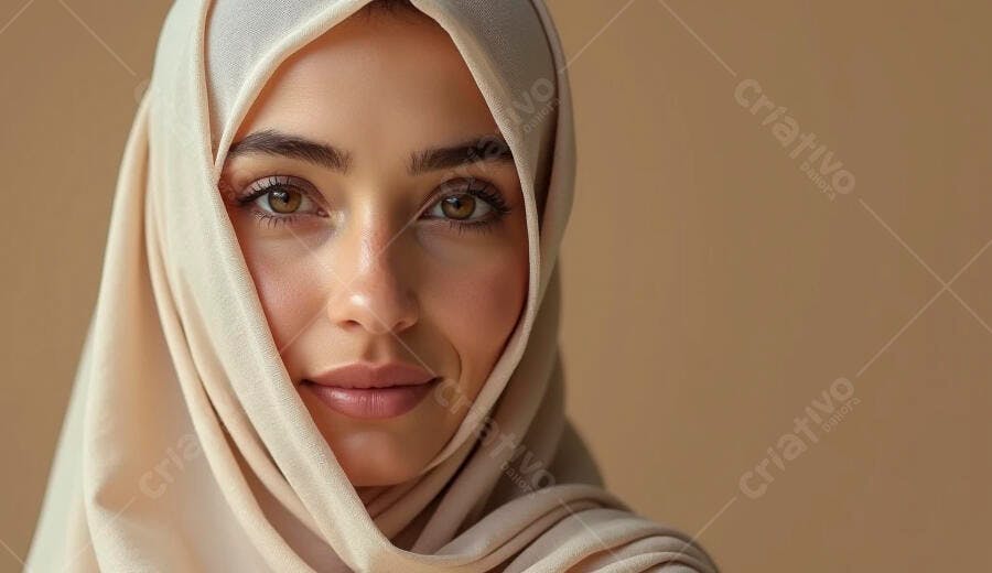 Mulher muçulmana jovem usando hijab bege claro sorrindo em retrato de estúdio