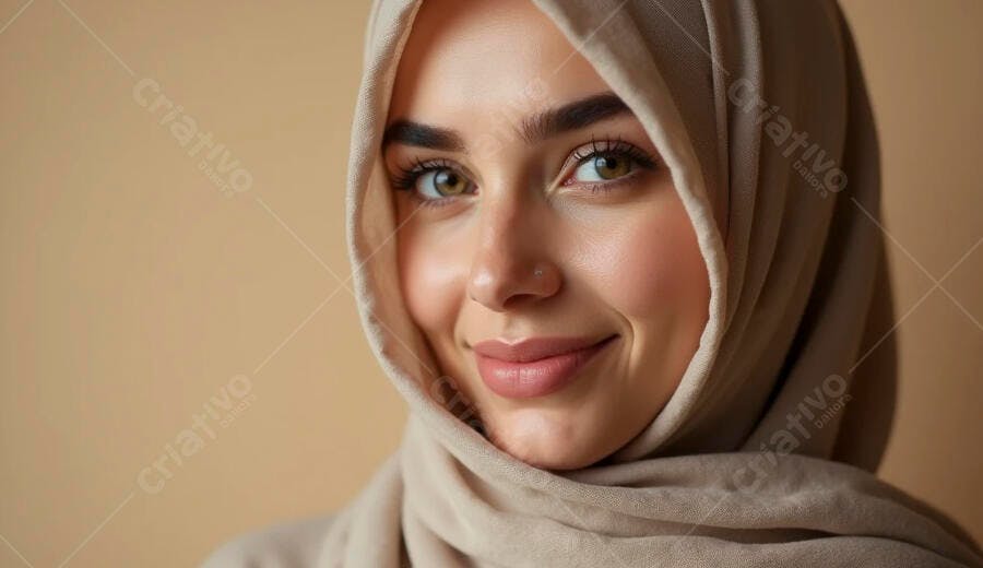 Mulher jovem muçulmana sorrindo com hijab bege em retrato suave