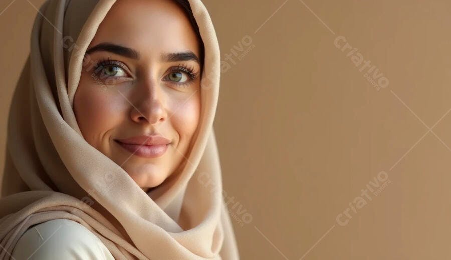 Mulher muçulmana jovem sorrindo com hijab bege em fundo neutro