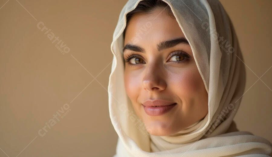 Mulher jovem de véu clara sorrindo com fundo bege neutro