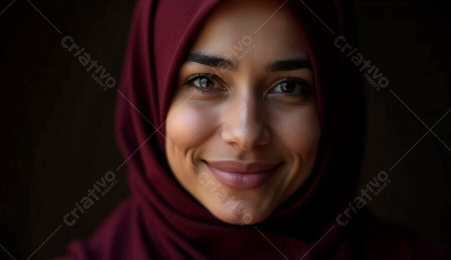 Mulher jovem muçulmana sorrindo com hijab bordô em retrato