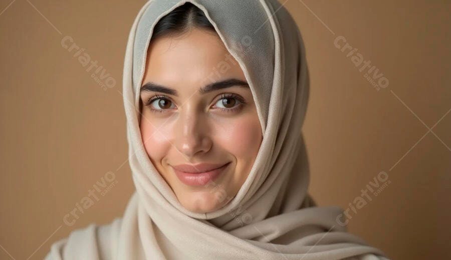 Mulher jovem de etnia árabe sorrindo com hijab bege claro em estúdio