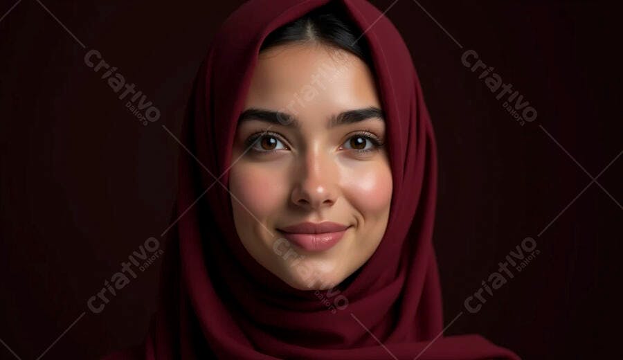 Mulher jovem de hijab vinho sorrindo em retrato de estúdio