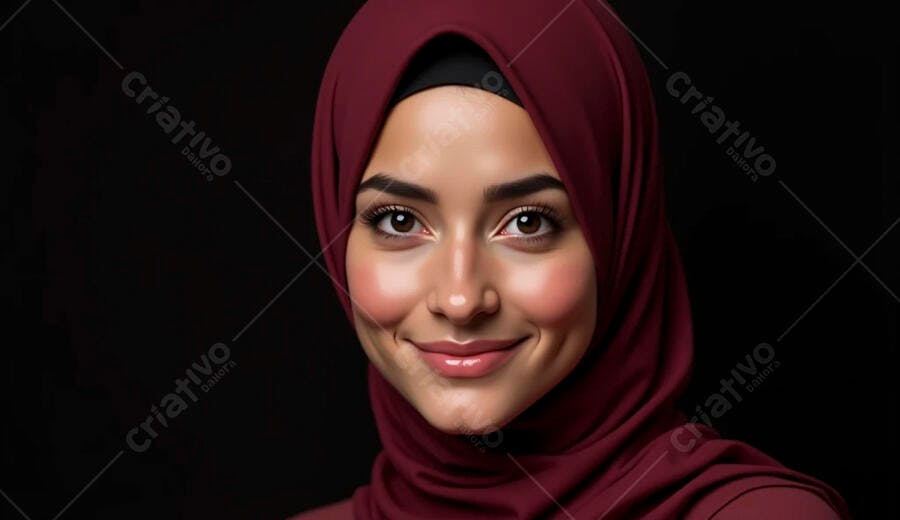 Mulher muçulmana sorridente com hijab bordô closeup